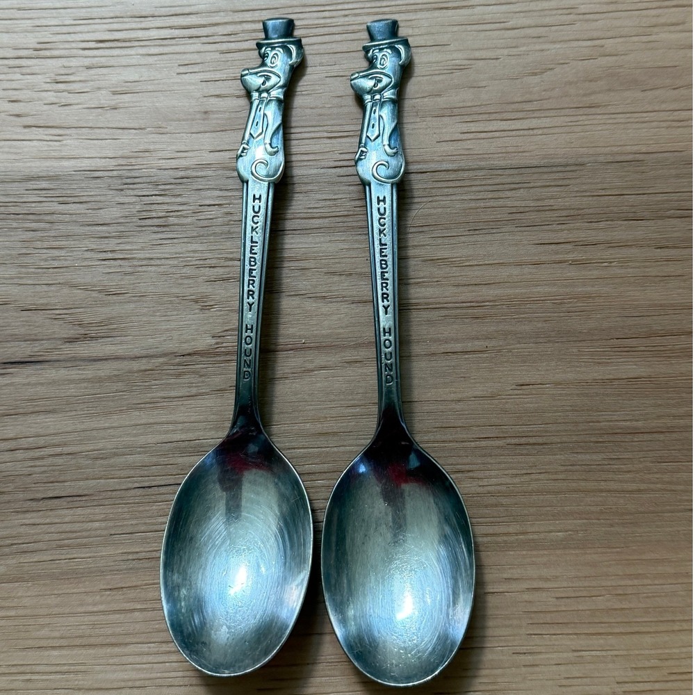 Hanna-Barbera Huckleberry Hound Spoon Set 6" Silver 1960s Vintage 2pc